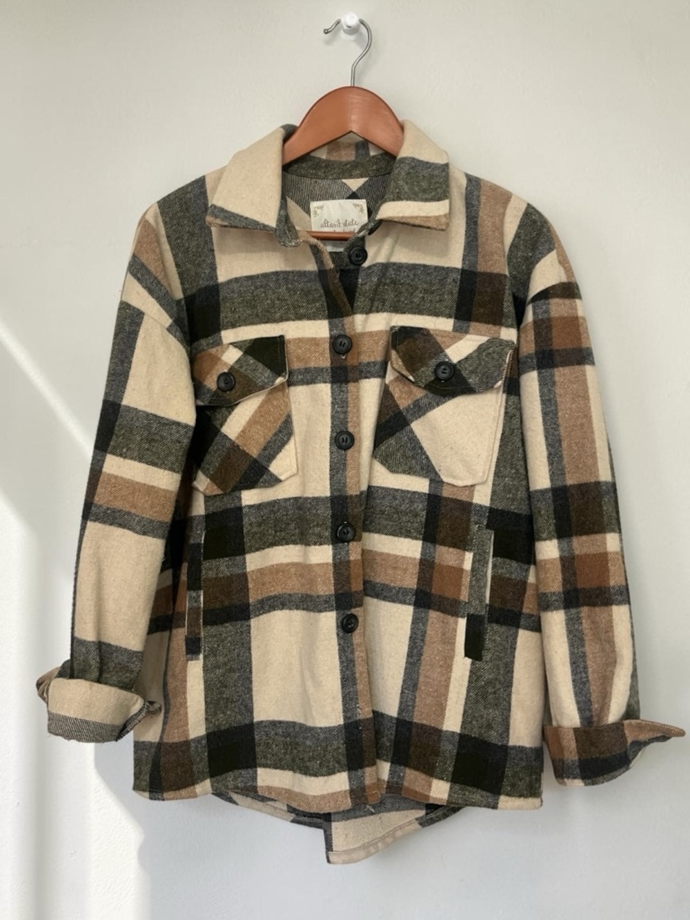 Altar’d State Oversized Plaid Button-Front Shacket Jacket in Taupe Sage Size S